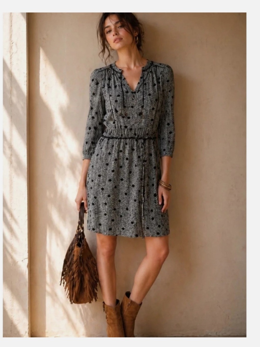 Anthropologie Maeve Galen Herringbone Polka Dot  Dress Size Small